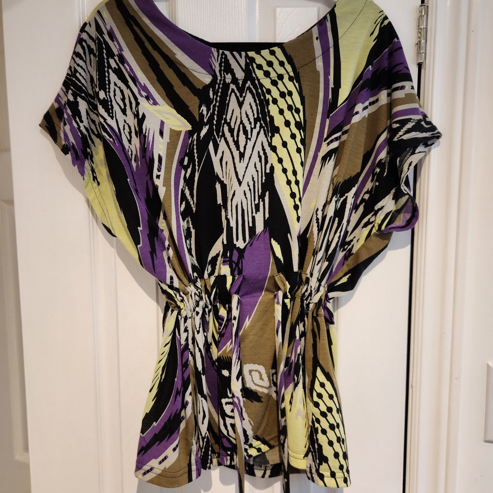 Vero Moda Women's Top with Purple, Yellow, Tan and Black Abstract Design